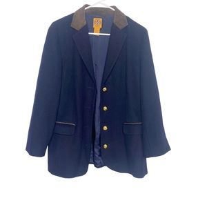 Tory Burch Wool Blazer Gold Buttons Navy with Brown Trim